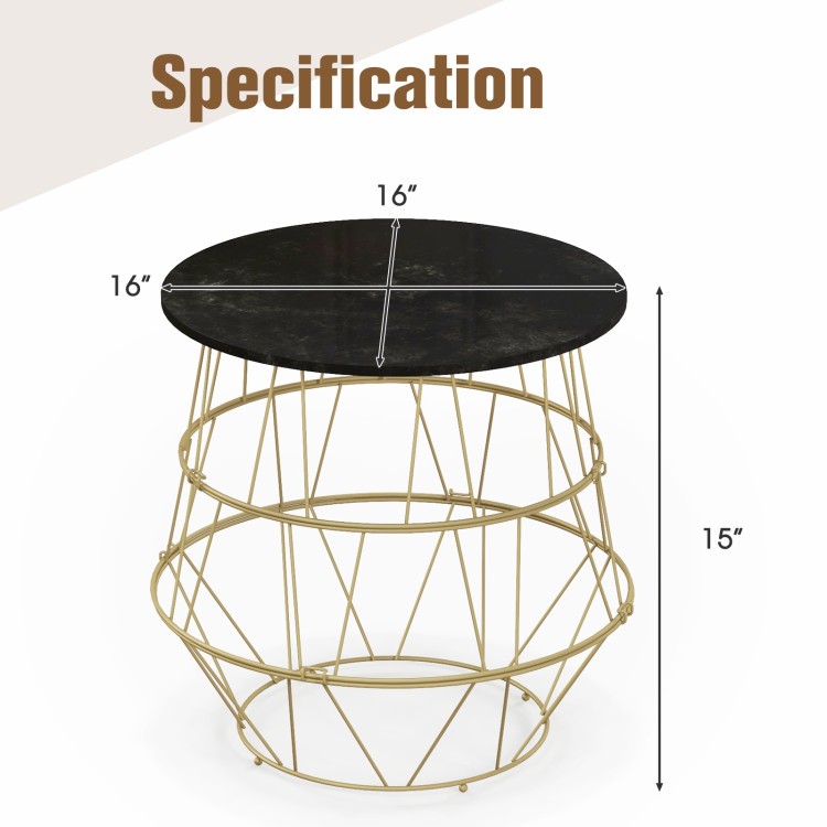 Round side table with faux marble top and gold metal frame, featuring removable top for hidden storage, 16" diameter.