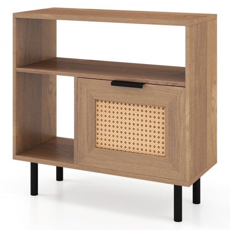 Accent side end table with natural wood finish, PE rattan cabinet, and metal legs, perfect for small spaces.