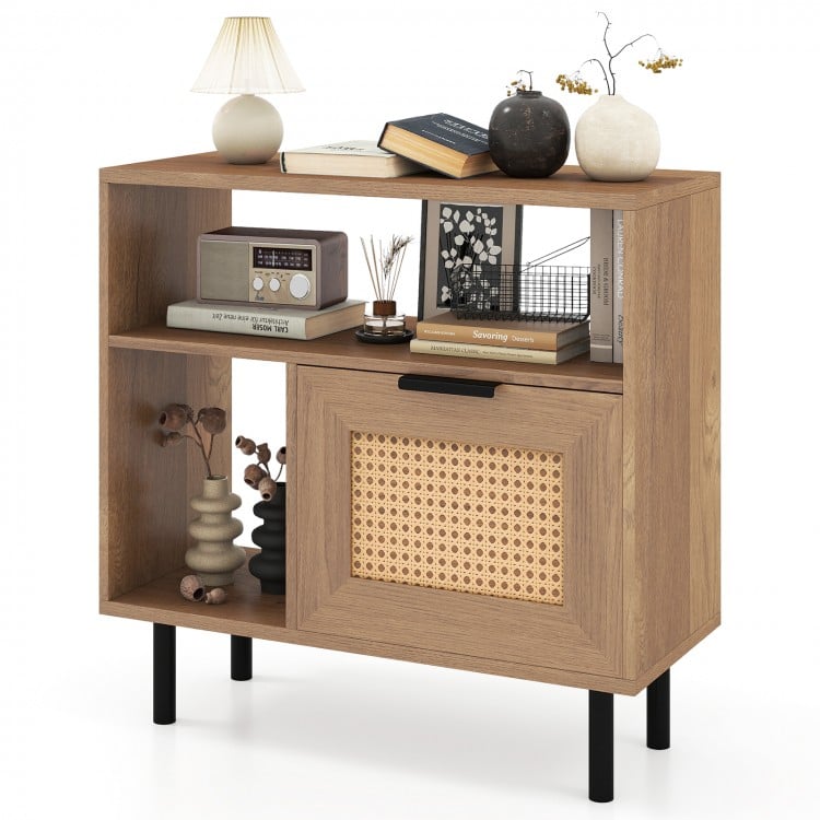 Accent side end table in natural finish with PE rattan cabinet, metal legs, and storage for small spaces.