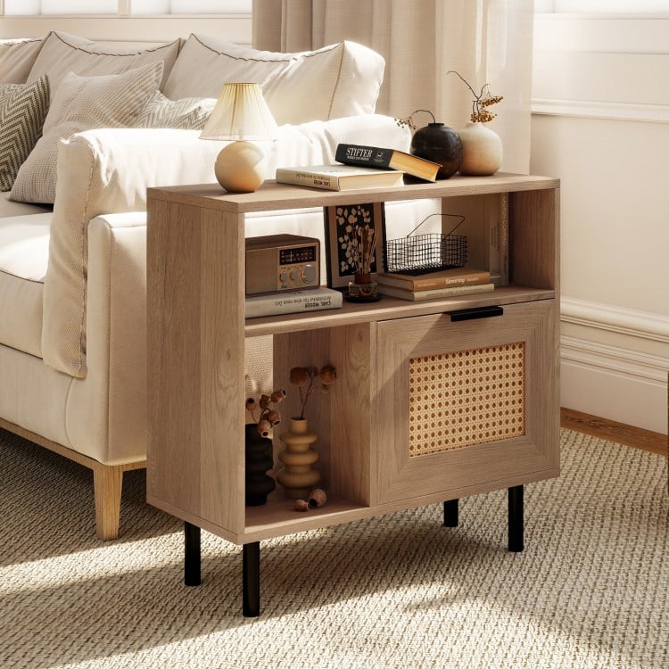 Accent side end table in natural finish with PE rattan surface, storage cabinet, and metal legs for small spaces.