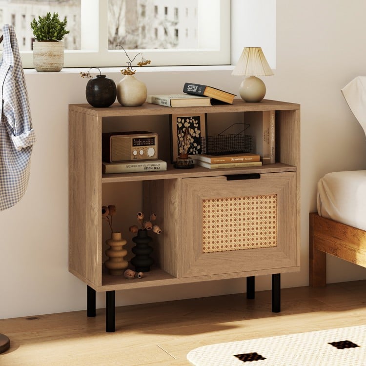 Accent side end table with natural finish, featuring PE rattan cabinet and metal legs, perfect for small spaces.