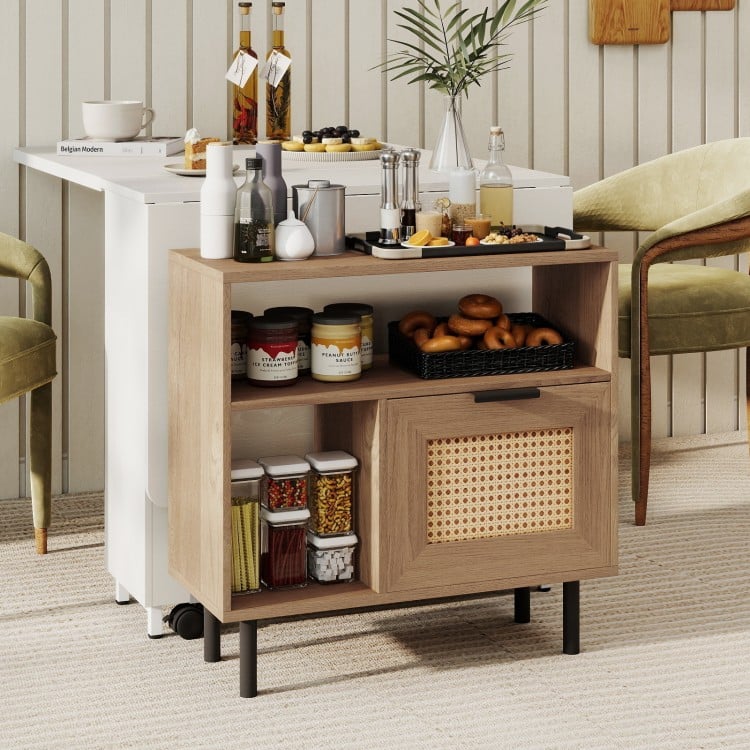 Accent side end table with storage shelf, natural wood finish, PE rattan surface, ideal for small spaces.