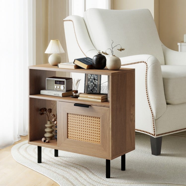 Accent side end table in natural finish with PE rattan surface, featuring storage shelf and cabinet for small spaces.