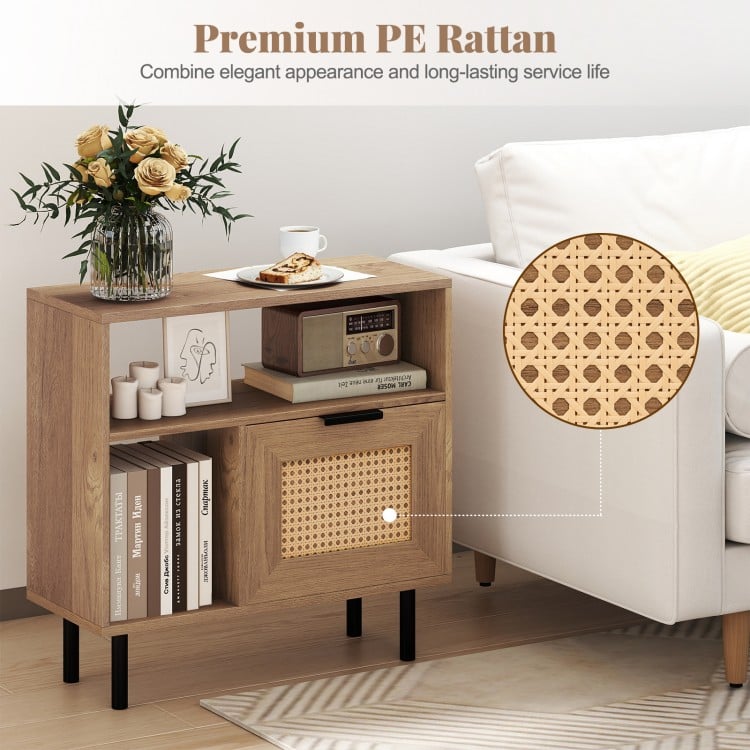 Accent side end table in natural finish with PE rattan surface, featuring a storage shelf and cabinet for small spaces.