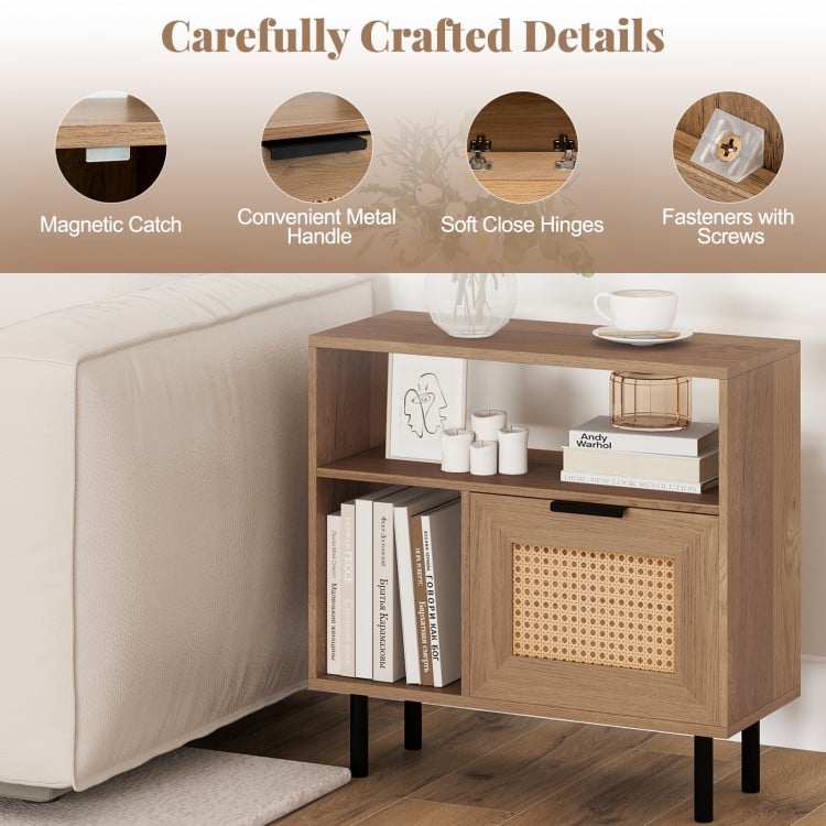 Accent side end table with natural finish, featuring a woven PE rattan cabinet and metal legs for small space storage.