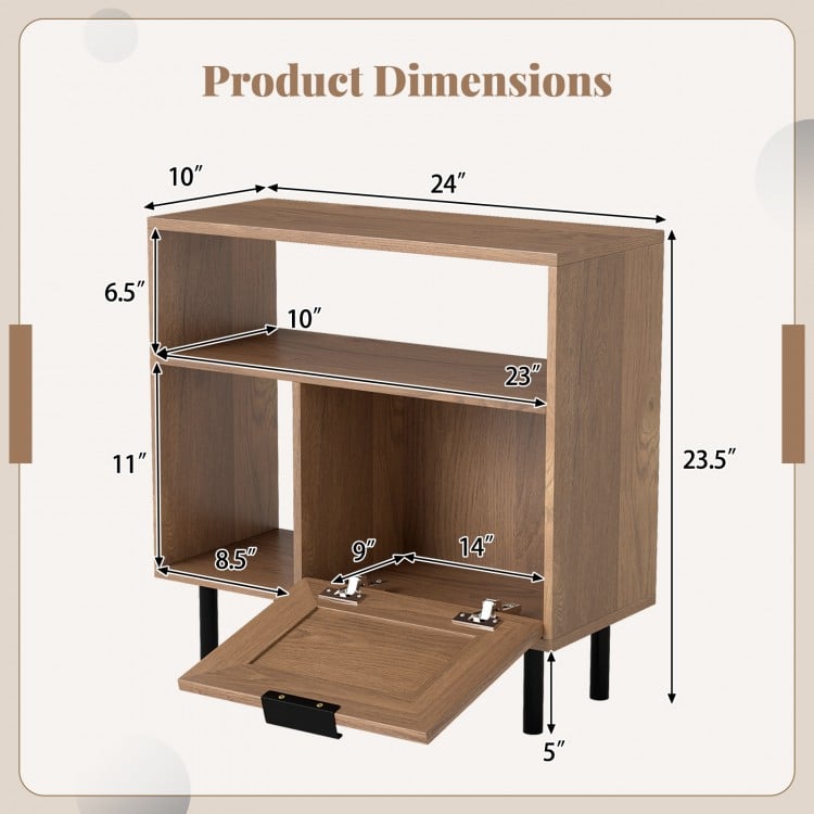 Accent side end table with storage shelf, natural wood finish, featuring compartments and a cabinet for small spaces.