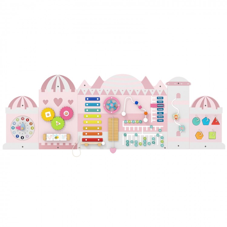 Wooden pink activity wall busy board with xylophone, clock, and abacus for toddlers' sensory play and learning.