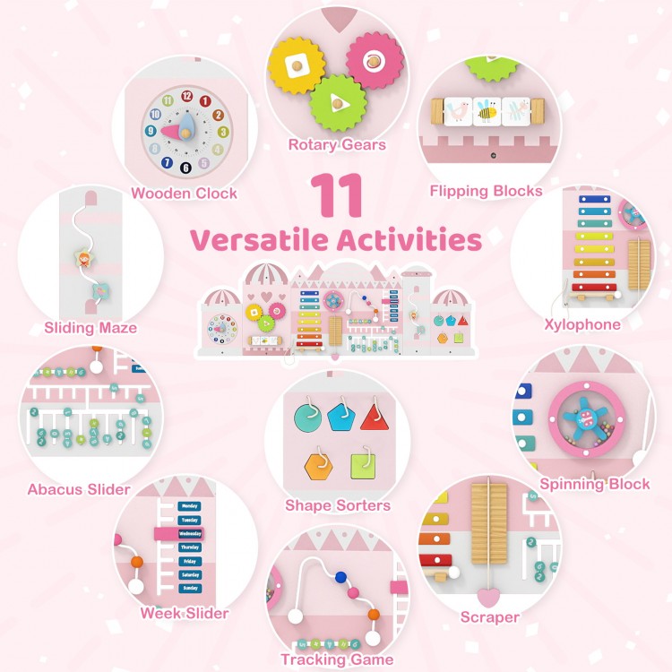 Activity wall busy board panels featuring 11 activities like a xylophone, clock, and shape sorters for toddlers'.