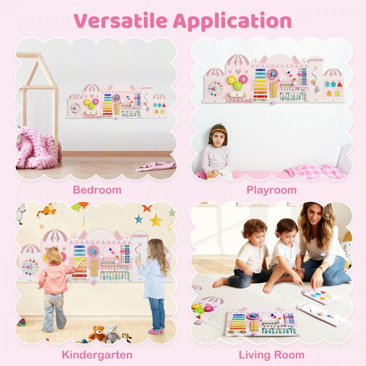 Activity wall busy board panels in pink featuring various learning activities for toddlers in a playroom setting.