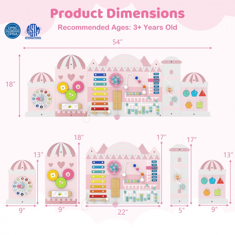 Activity wall busy board panels for toddlers, featuring 11 activities, including a xylophone and clock, in pink design.