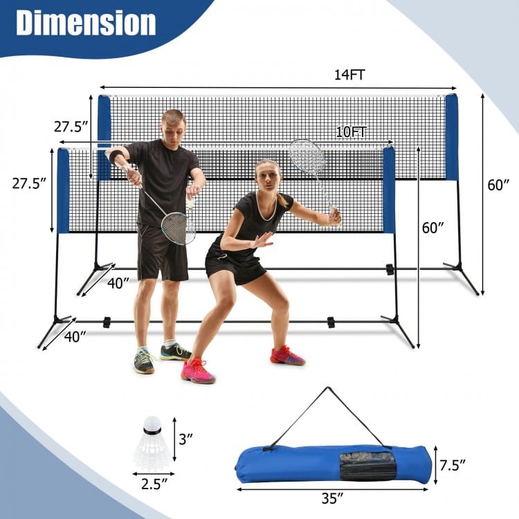 Adjustable 10-foot badminton net stand with portable carry bag, suitable for multiple sports, shown with dimensions.