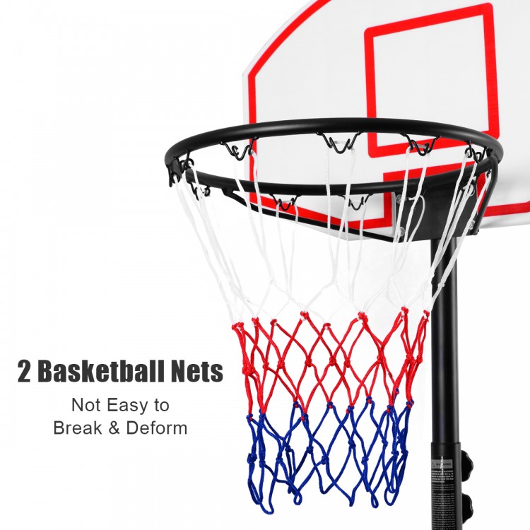 Adjustable basketball hoop with durable nylon net, featuring red and blue colors, ideal for indoor and outdoor use.