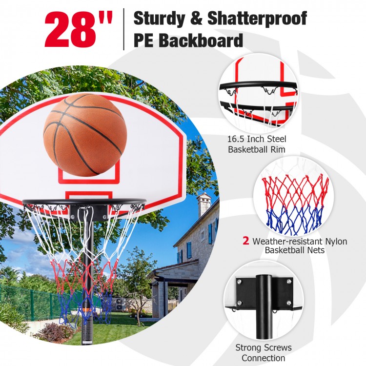 28" adjustable basketball hoop system with sturdy PE backboard, nylon net, and wheels for easy mobility indoors and.