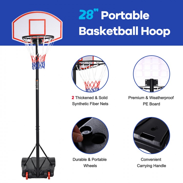 28" adjustable basketball hoop system with durable PE board, nylon net, and portable wheels for easy movement indoors.