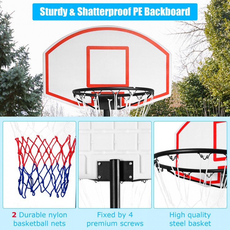 Adjustable basketball hoop system with a sturdy PE backboard, nylon net, and easy-move wheels for indoor and outdoor.
