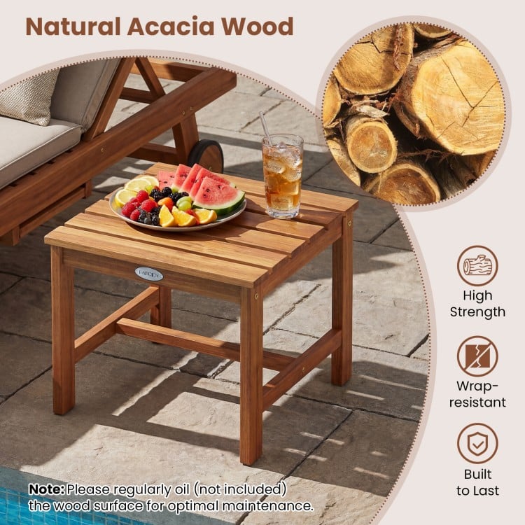 Natural acacia wood side table with high strength, perfect for outdoor essentials on the deck or patio.