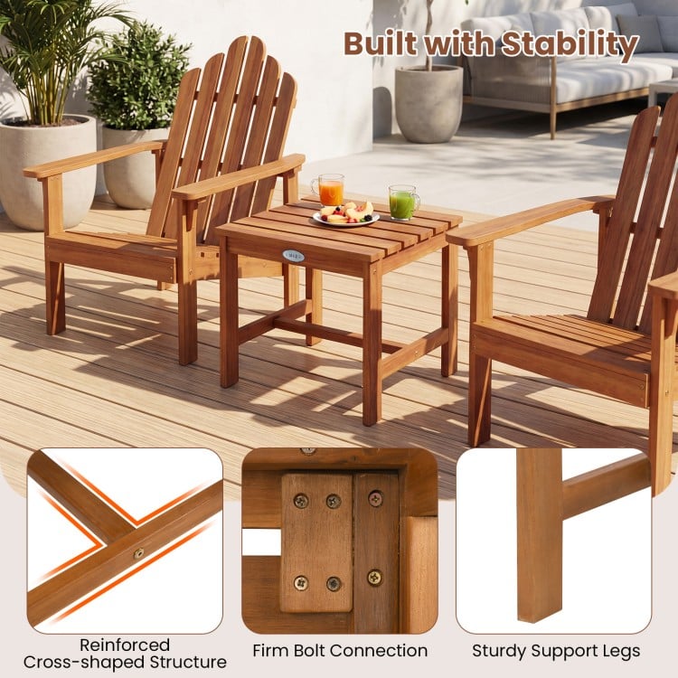 Adirondack chair set of 2 with side table, made of acacia wood, perfect for deck or garden relaxation.