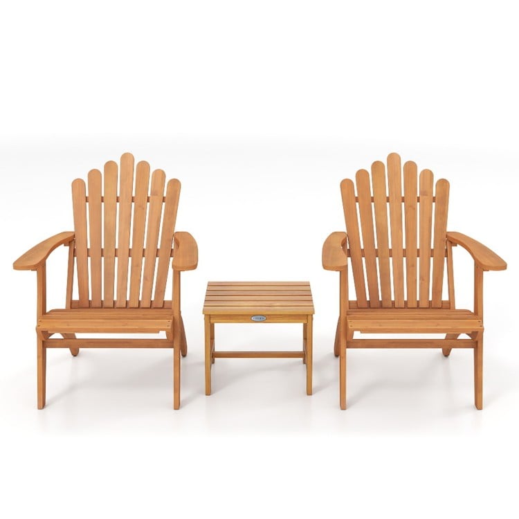 Adirondack chairs with wide armrests and curved seats in natural acacia wood, ideal for relaxing on the patio or garden.