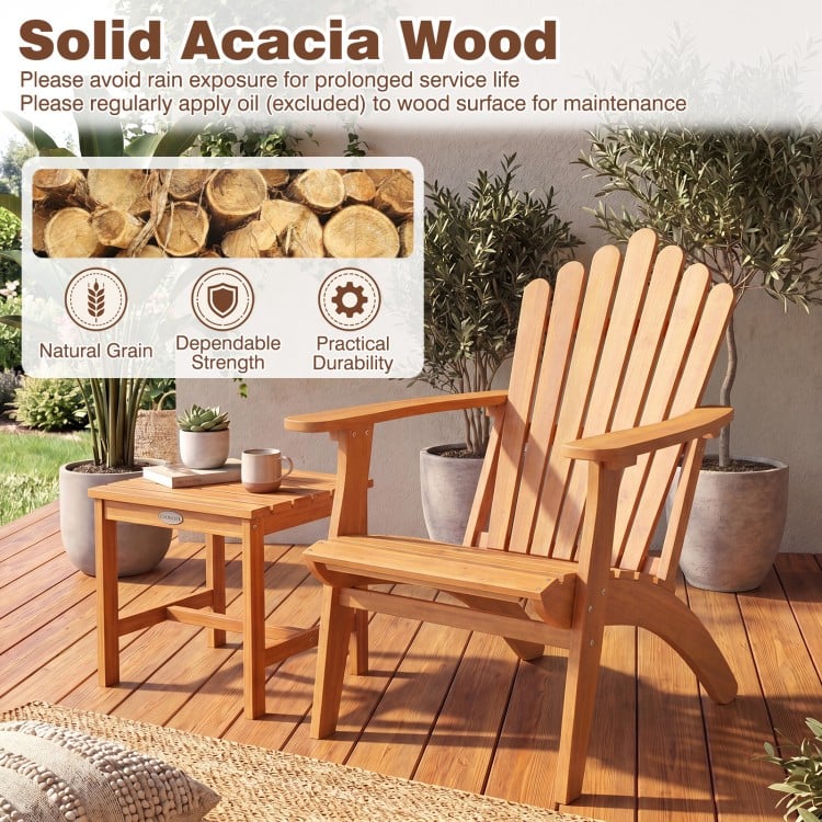 Adirondack chair set with angled backrest and wide armrests, made of solid acacia wood, ideal for patio relaxation.