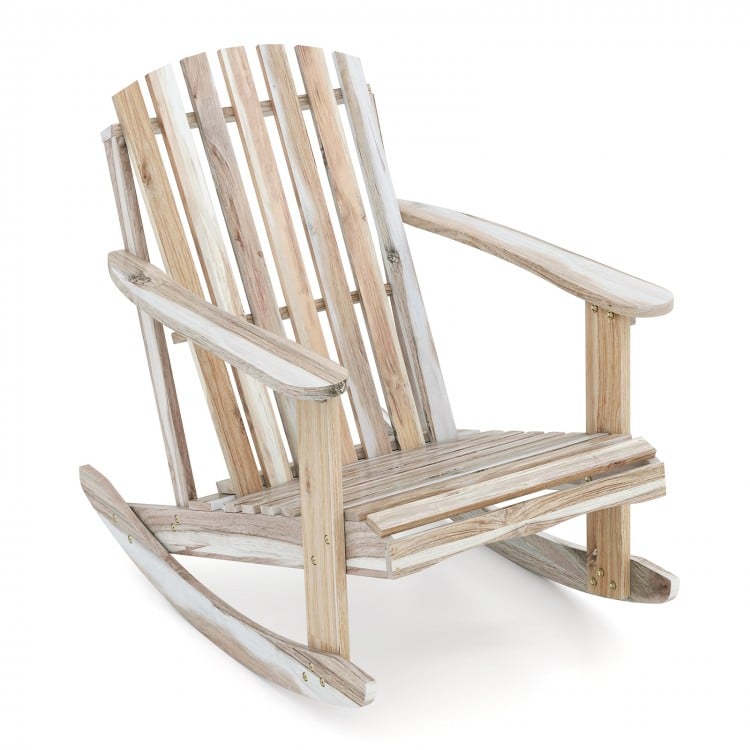 Adirondack rocking chair in natural acacia wood with slatted seat and high fanned back for outdoor relaxation.
