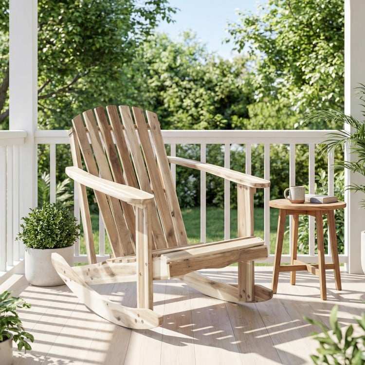 Natural acacia wood Adirondack rocking chair with slatted seat and high fanned back, perfect for outdoor patios.