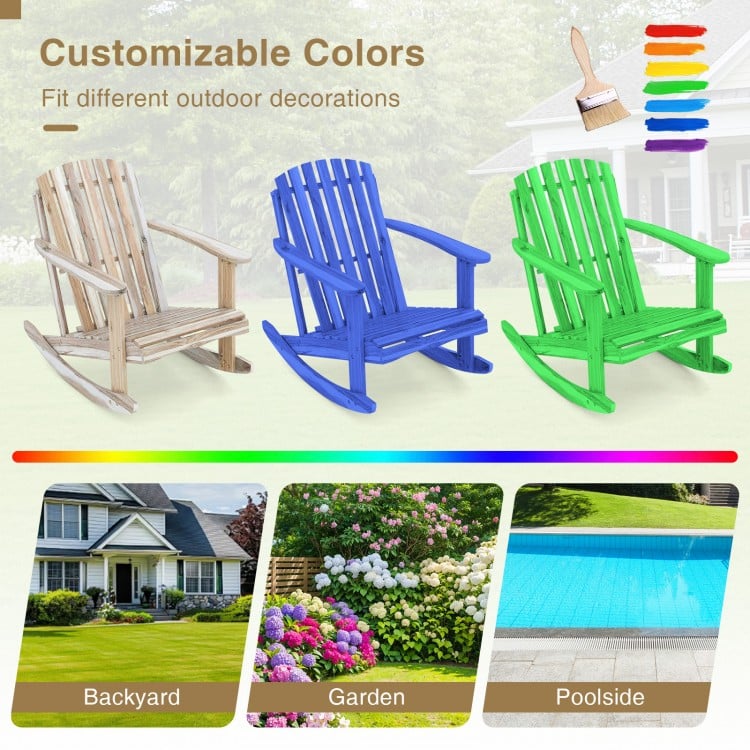 Adirondack rocking chair in natural acacia wood with slatted seat, perfect for gardens, patios, and poolside relaxation.
