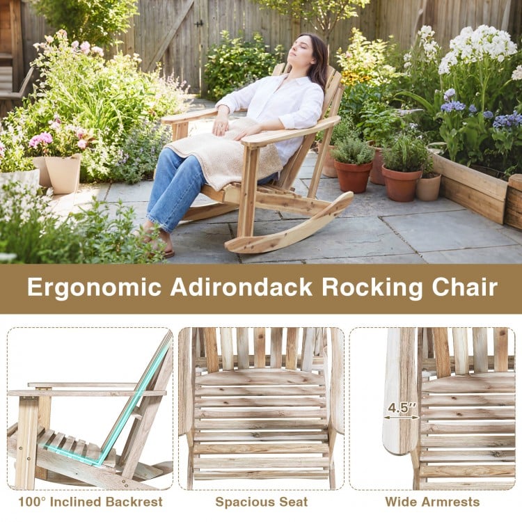Ergonomic Adirondack rocking chair in natural acacia wood with slatted seat and high fanned back for outdoor comfort.