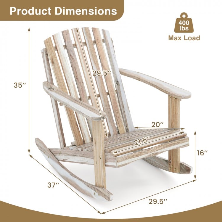 Adirondack rocking chair with slatted seat, made of acacia wood, featuring a high fanned back for outdoor comfort.