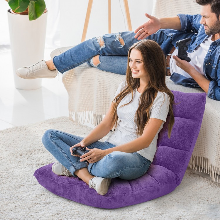 Adjustable purple cushioned floor chair in 14 positions, perfect for gaming, reading, or relaxing in any room.