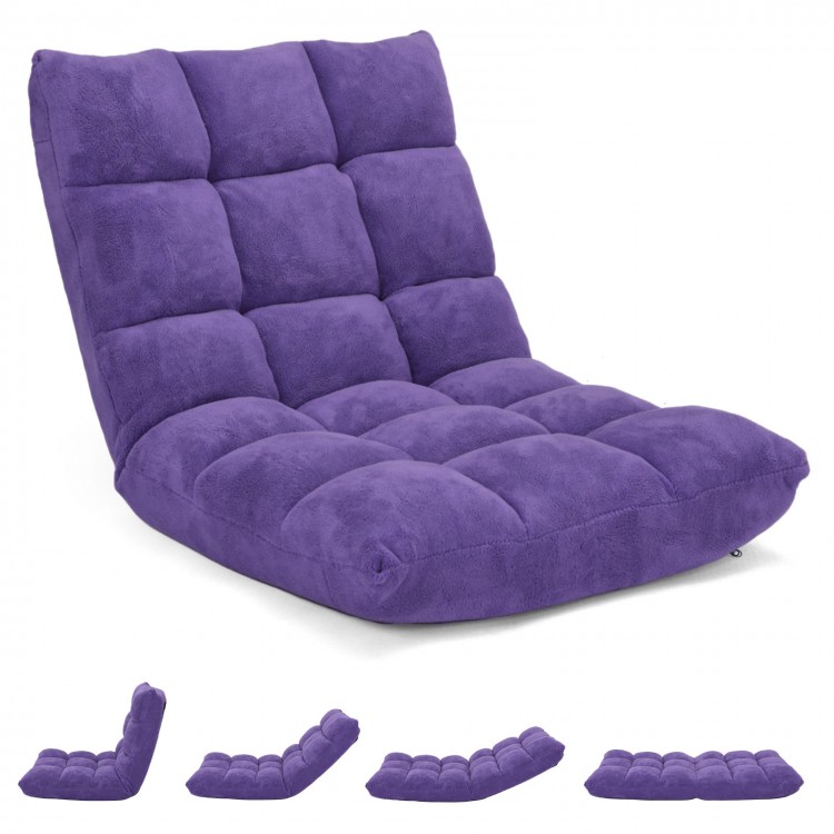 Adjustable purple floor chair with 14 positions, thick cushioned seat for comfort in living room or bedroom.