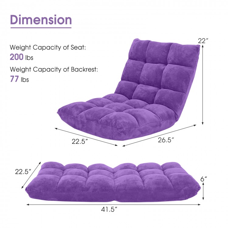 Adjustable purple cushioned floor chair shown in 14 positions, perfect for gaming, reading, or lounging in any room.