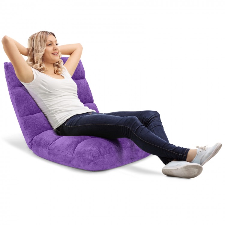 Adjustable purple cushioned floor chair in a relaxed position, perfect for gaming, reading, or watching TV.