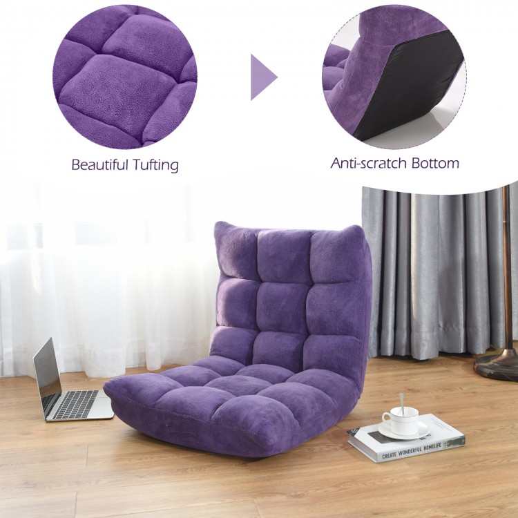 Purple cushioned floor chair with beautiful tufting, adjustable to 14 positions for versatile seating in any space.