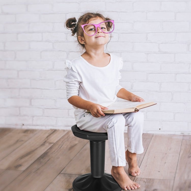 Adjustable black active learning stool with cushion seat, designed for children to promote good posture and core.