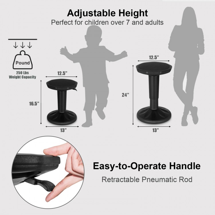 Adjustable active learning stool in black with a cushioned seat, height adjustable from 16.5'' to 24'' for kids and.