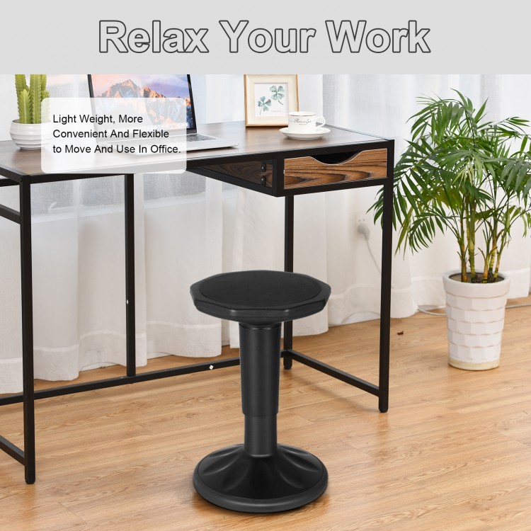 Adjustable black active learning stool with cushion seat, designed for children to promote good posture and.