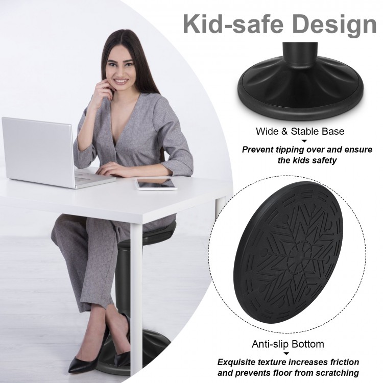 Adjustable black wobble chair with cushion seat, designed for active learning and kid-safe use in home offices.