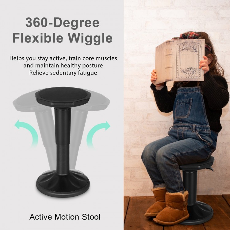Active learning stool with a black cushion seat, designed for wobbling and engaging core muscles for kids aged 7 and up.