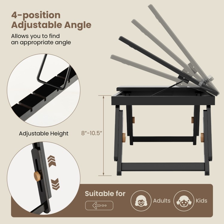 Adjustable bamboo laptop desk with tilting top, 8"-10.5" height, and drawer for storage, ideal for cozy workspace use.