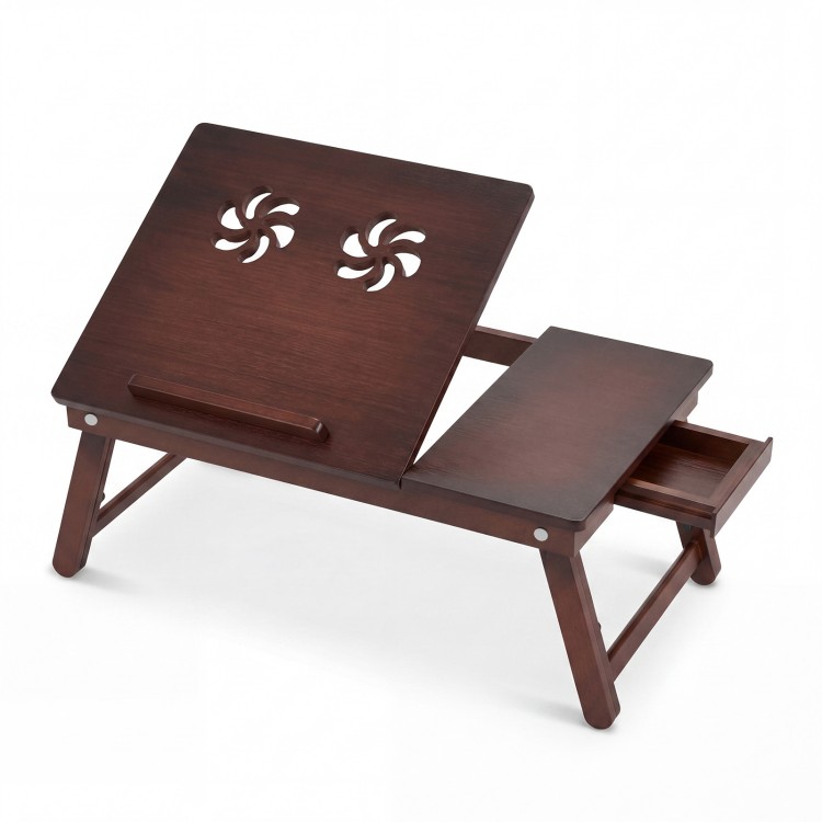 Adjustable bamboo laptop desk with tilting top, dual ventilation holes, and side storage drawer for versatile use.