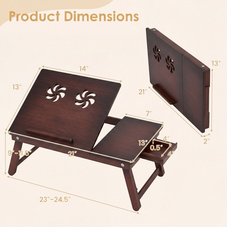 Adjustable bamboo laptop desk features a tilting top, dual ventilation holes, and height adjustment for versatile use.