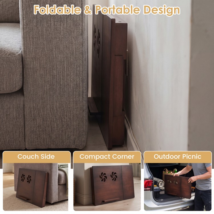 Adjustable bamboo laptop desk with tilting top, foldable design, and dual ventilation holes for versatile use.