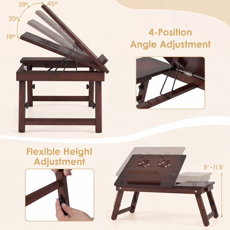 Adjustable bamboo laptop desk features a tilting top, 4-position angle adjustment, and flexible height for versatile use.