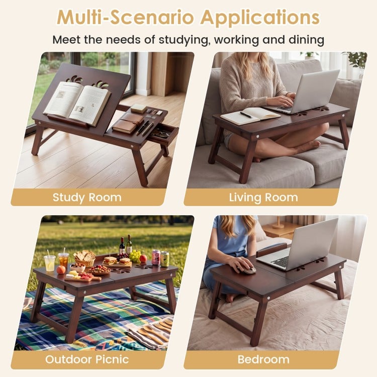 Adjustable bamboo laptop desk with tilting top and adjustable legs, perfect for studying, working, or dining.