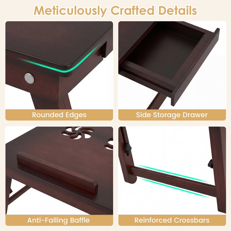 Detail shots of the adjustable bamboo laptop desk showcasing rounded edges, side storage drawer, and reinforced crossbars.