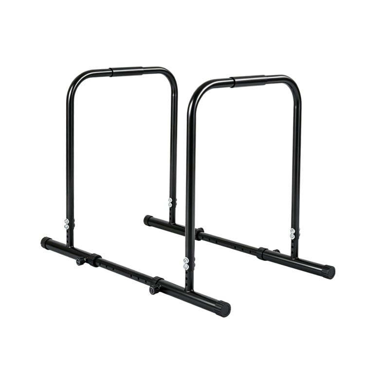 Adjustable dip bar station in black, featuring a heavy-duty frame and customizable height and width settings for.