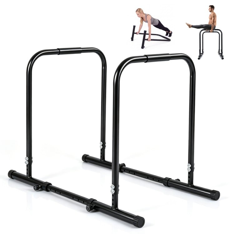 Adjustable dip bar station in black with foam-padded handles, ideal for dips and push-ups, supports 660 lbs capacity.