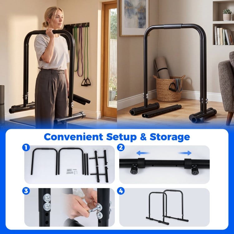 Adjustable dip bar station in black with foam-padded handles, suitable for home gym exercises and compact storage.
