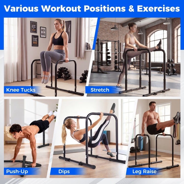 Adjustable dip bar station showcasing various exercises like push-ups, dips, and leg raises for home gym workouts.