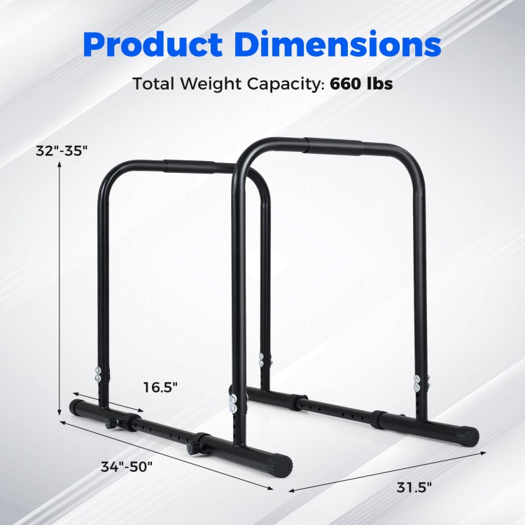 Adjustable dip bar station dimensions showing 660 lbs capacity, with height and width settings for versatile workouts.